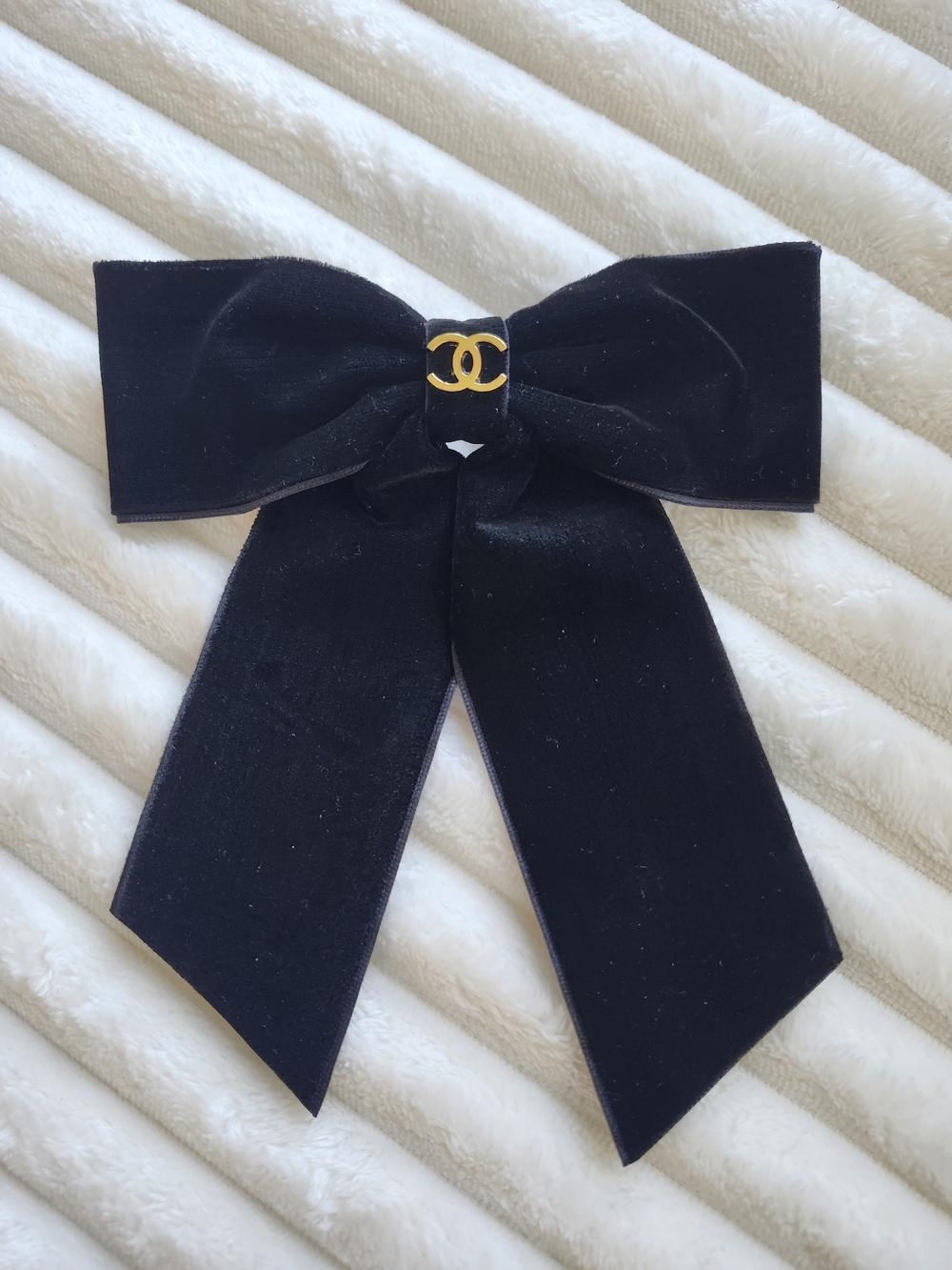 CHANEL Black Velvet Bow with Gold CC Logo Hair Accessory